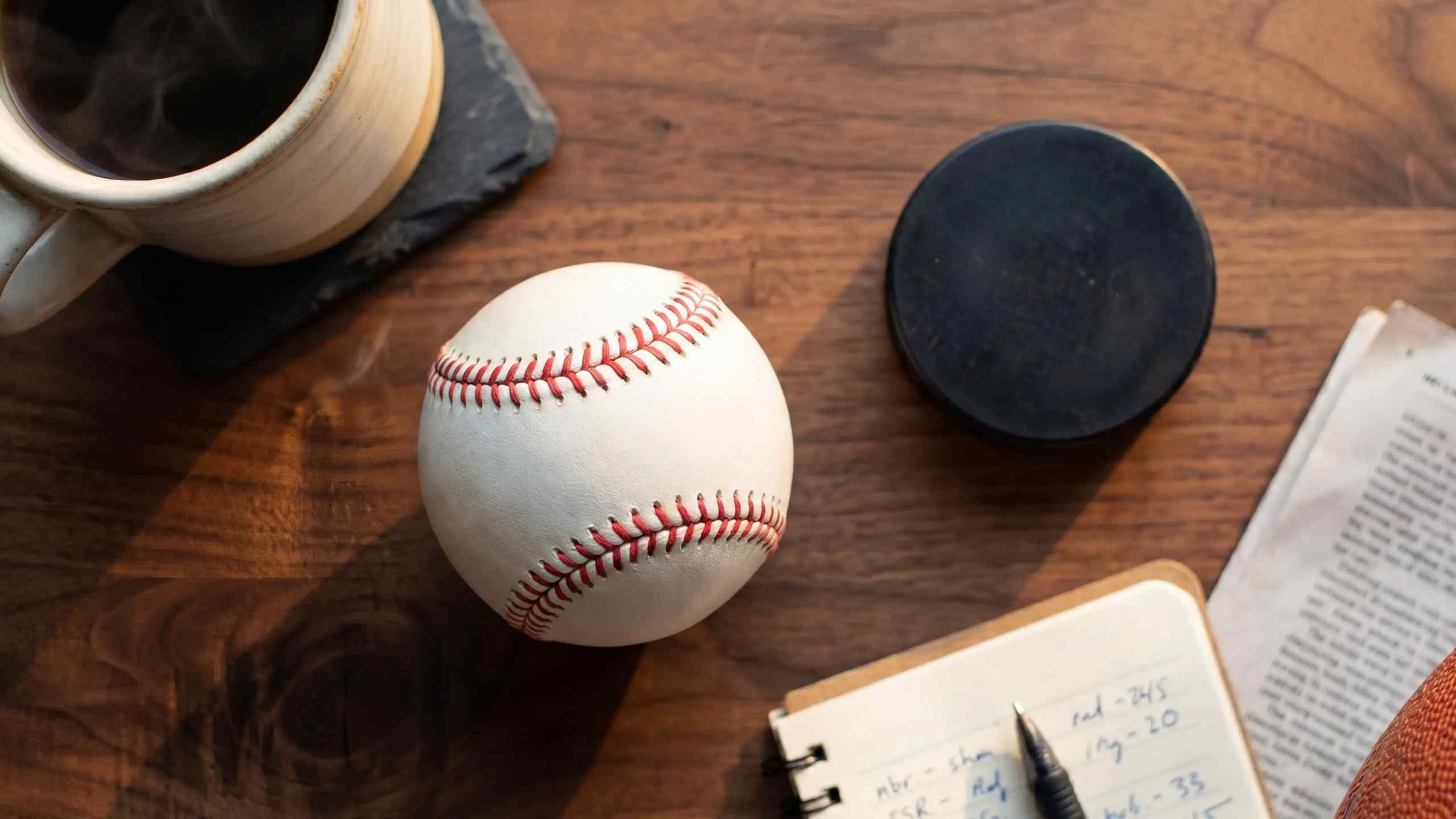 An image of a baseball, hockey puck and notepad.